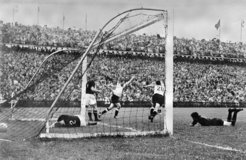 July 4, 1954 Helmut Rahn scored in the World Cup soccer final match against Hungary, at Wankdorf Stadium, in Bern, Switzerland.