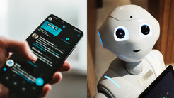 Fotocollage bestehend aus einem Foto einer Hand, die ein Handy hält und einem Bild eines Roboters