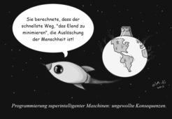 Comic-Illustration einer Rakete im Weltall, die von der Erde wegfliegt