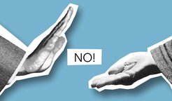 Image collage: One hand is raised in rejection, the other is held out in supplication, in between the word no