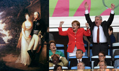 Zurückhaltung und Euphorie: In den 2000er-Jahren wurde es üblich, dass auch hochrangige Politiker beim Fußball ihrem Jubel freien Lauf lassen konnten – wie hier Bundeskanzlerin Merkel und Bundespräsident Gauck bei der WM 2014 in Brasilien. Für Königin Luise und Friedrich Wilhelm III. von Preußen wären Ende des 18. Jahrhunderts solch ausgelassene Gefühlsäußerungen undenkbar gewesen.