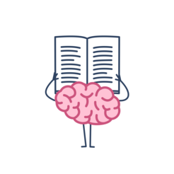 A cartoon of an anthropomorphic brain reading a book.