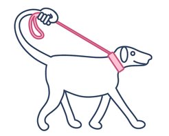 A cartoon of a happy dog walking itself by holding the leash with its own tail.