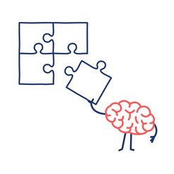 A cartoon of an anthropomorphic brain adding the last puzzle piece.