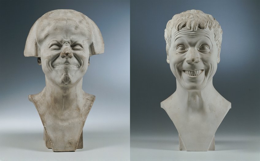 „Charakterköpfe“ Nr. 19 und 20. Gipsabguss nach Franz Xaver Messerschmidt, vor 1923. „Charakterköpfe“ Nr. 19 und 20. Gipsabguss nach Franz Xaver Messerschmidt, vor 1923.