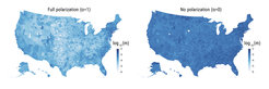 Figure 1. The number of mobilized people per capita of each county in the simulations for full polarization (left) and no polarization (right).