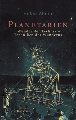 In der Mitte des Bildes ist eine Sternwarte auf Rollen zu sehen, drumherum stehen bestaunende Menschen. Am linken unterem Rand steht ein Redner am Rednerpult und zeigt in den Himmel.
