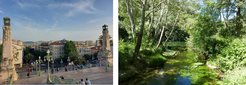Das Bild zeigt zwei verschiedene Umwelten: Auf der linken Seite ist eine urbane Umgebung mit Gebäuden und einem großen Platz zu sehen. Auf der rechten Seite ist ein kleiner Fluss in einer grünen Umgebung mit Bäumen und Büschen zu sehen.