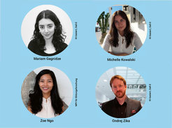 Das Bild zeigt auf einem blauen Hintergrund die Portraits der vier Teammitglieder.