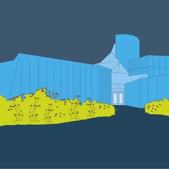 Eine Illustration in blau und grün des Eingangs vom Max-Plank-Institut für Bildungsforschung