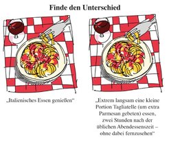 Illustration, die ein Nudelgericht mit einem Glas Wein auf einer rot-weiß karierten Decke zeigt.