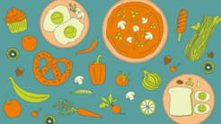 Colorful illustration with various foods: eggs, soup, pretzel, vegetables, cupcake, and bread on a green background.