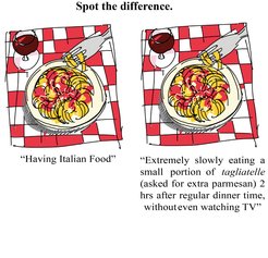 The illustration shows a plate of pasta, a glas of red whine on a red white checkered blanket.