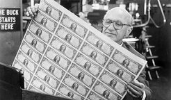 Controlling the volume of money: Milton Freeman at the printing press. In "How to Cure Inflation", episode 9 of his series "Free to Choose" (1980) Friedman visits the Bureau of Engraving and Printing where the dollar notes are printed. The scene is not part of the film but was probably shot in the context.